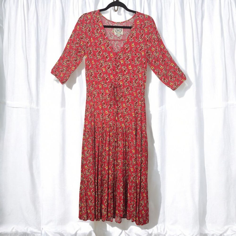 Anthropologie Sunday Mi Amor Midi Long Dress XS Red Ditsy Floral Sundress Dainty